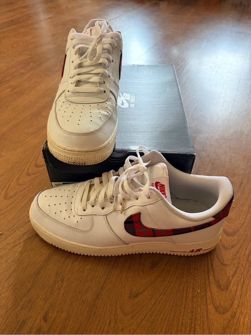 Nike White Sneakers with Red Plaid Swoosh